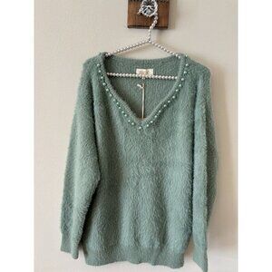 NWT Listicle Womens Size S Green Fuzzy Sweater Beaded Trim